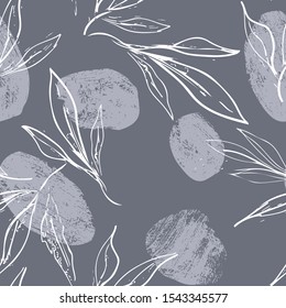 Hand Sketched Leaves Seamless Pattern with Chalk Texture. Floral Vector Background. 