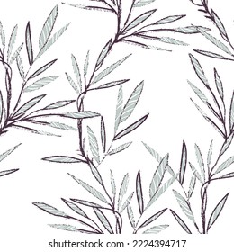 Hand Sketched Leaves Seamless Pattern with Chalk Effect.