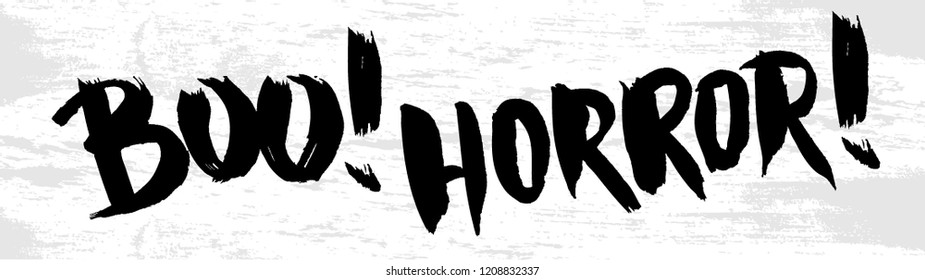 Hand sketched lettering "Boo! Horror!". Template for party banner, design, print, poster. Happy Halloween lettering typography poster.