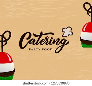 Hand sketched lettering Catering company logo on pink. Canape, tomato.Vector illustration EPS 10. Outdoor events and restaurant premium service. As template of card, banner, for menu, flyer