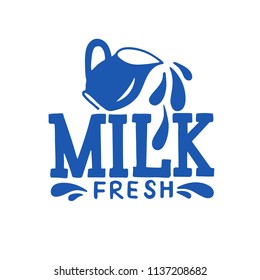 Hand sketched lettering Fresh Milk with Pitcher and splashes drawing. Modern brush calligraphy on white background. Handwritten vector illustration isolated on white background for banners,logo,tags. 