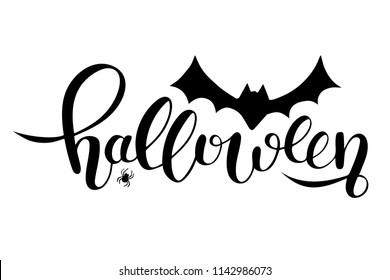 Hand sketched lettering Halloween with Bat and Spider drawing. Modern brush calligraphy. Halloween party invitation. Template as scary banner, design, print. Celebration lettering typography poster.