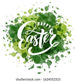 Hand sketched lettering Happy Easter for postcard, card, invitation, poster, banner Seasons Greetings. Watercolor background imitation. Vector illustration.