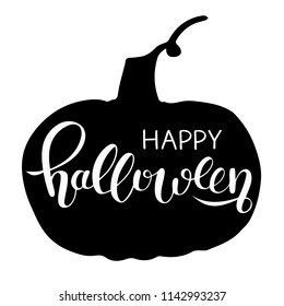 Hand sketched lettering Happy Halloween with Pumpkin drawing. Modern brush calligraphy. Halloween party invitation. Template as scary banner, design, print. Celebration lettering typography poster.