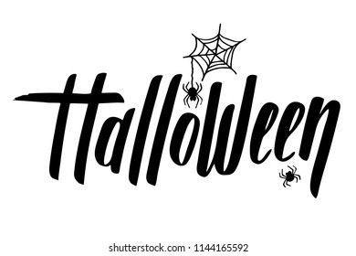 Hand sketched lettering Happy Halloween with spiders drawing. Modern brush calligraphy. Halloween party invitation. Template as scary banner, design, print. Celebration lettering typography poster.