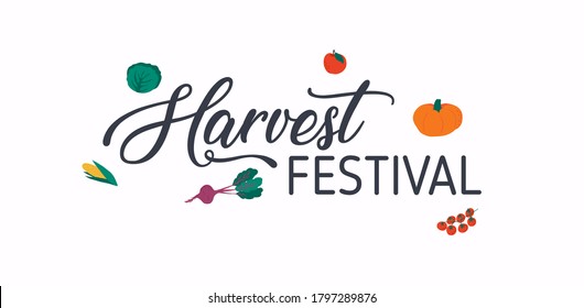 Hand sketched lettering Harvest Festival with autumn harvest symbols. Harvest fest poster design.