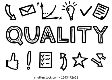 Hand sketched lettering: Quality with doodles. Vector illustration isolated on white background.
