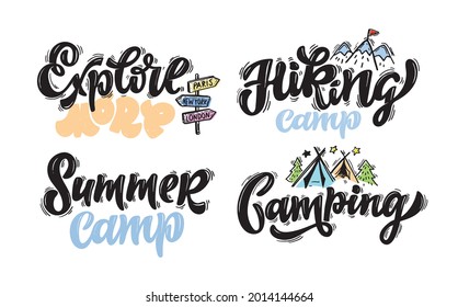 Hand sketched Сamping lettering typography. Concept for hiking camp, camping, night fishing camp, summer camp. Summer Camp logotype, badge, icon. Camping logo, banner, flyer. 