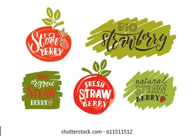 Hand sketched lettering typography. Concept for farmers market, organic food, natural product, juice, pie, jam. Strawberry fruit design style. Calligraphy badge, icon,  logo, banner, tag