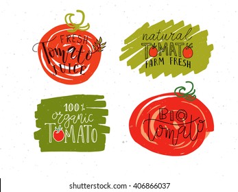 Hand sketched lettering typography set. Concept for farmers market, organic food, natural product design, juice, sauce, ketchup. Tomato calligraphy logotype, badge icon, banner, flyer 