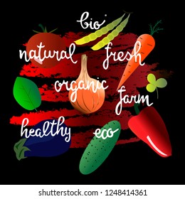 Hand sketched lettering with vegetable elements set for farmers market, organic food, grocery store, cafe, restaurant, food. Natural product, vegetarian, fresh, natural, design. Banner, flyer, poster