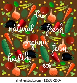 Hand sketched lettering with vegetable elements set for farmers market, organic food, grocery store, cafe, restaurant, food. Natural product, vegetarian, fresh, natural, design. Banner, flyer, poster