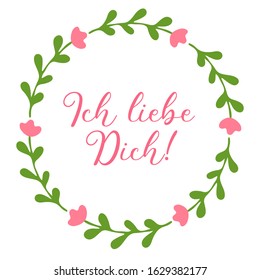 Hand sketched „Ich liebe Dich“ German quote, meaning „I love you“. Romantic calligraphy phrase. Lettering for design, print, poster, clothes, card, invitation, banner template typography. 