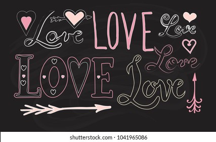 Hand sketched Love text set on black background as badge, icon, Valentines Day, Wedding poster, card, invitation, banner. Romantic quote vector lettering typography. 
