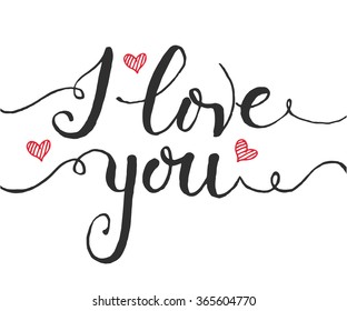 Hand sketched I Love You text as Happy Valentines Day logotype, badge and icon. Romantic quote postcard, card, invitation, banner template. Drawn lettering typography on textured background