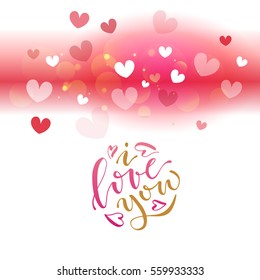 Hand sketched I Love You text as Happy Valentines Day logotype, badge and icon. Romantic quote postcard, card, invitation, banner template. Drawn Love lettering typography on textured background