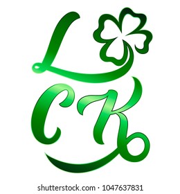 Hand sketched Luck text with Four-leaf clover as Happy St. Patrick’s Day logotype, icon, badge. Lettering poster. Vector illustration as postcard, card, invitation, banner template. Season’s Greetings