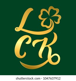 Hand sketched Luck text with Four-leaf clover as Happy St. Patrick’s Day logotype, icon, badge. Lettering poster. Vector illustration as postcard, card, invitation, banner template. Season’s Greetings
