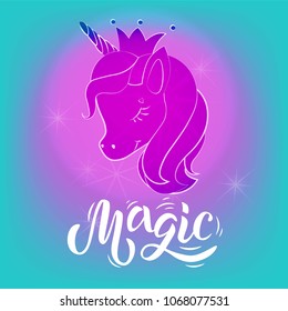 Hand sketched Magic text with Baby Unicorn cute cartoon and shining effect. Great for card, invitation, poster, banner template. Lettering typography. Vector illustration in trendy colors.