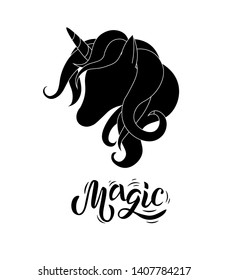 Hand sketched Magic text with black silhouette of unicorn on white background. Vector illustration. Black shape of unicorn's head. Graphic badge, banner, icon, print or logo.