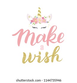 Hand sketched Make a wish text as badge, tag, icon, celebration card, invitation, postcard, banner template. Fashion lettering typography poster. Vector illustration.