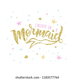Hand sketched Mermaid text. Lettering typography for t-shirt design, birthday party, greeting card, party invitation, logo, badge, patch, icon, banner template. Vector illustration. 
