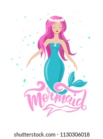 Hand sketched Mermaid text on textured background with mermaid. Vector illustration for clothing, greeting card, logo, badge, icon, card, invitation and banner template.