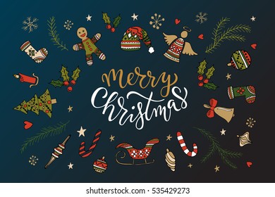 Hand sketched Merry Christmas for Happy holidays greeting card. Lettering celebration logo set. Typography for winter holidays. Calligraphic poster on blurred textured background. Postcard motive