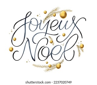 Hand sketched Merry Christmas and Hppy new year in French card, badge, icon typography. Lettering Happy New Year for Christmas, New Year greeting card, invitation template, banner, Vector EPS10