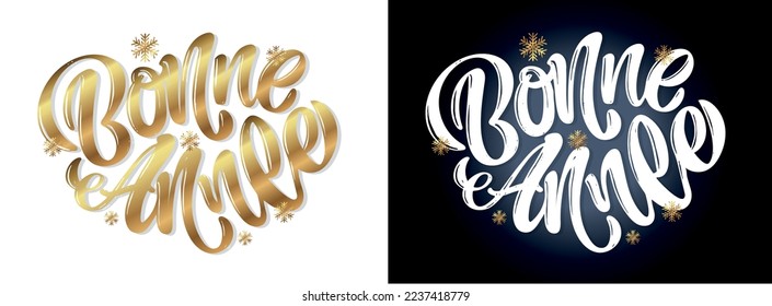 Hand sketched Merry Christmas and Hppy new year in French card, badge, icon typography. Lettering Happy New Year for Christmas, New Year greeting card, invitation template, banner, Vector EPS10