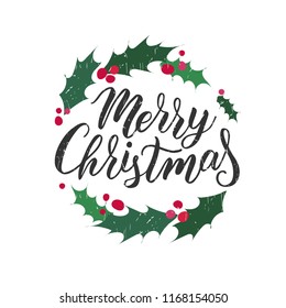 Hand sketched Merry Christmas text on textured background. Lettering typography for Happy New Year holidays greeting card, invitation, banner, postcard, web, poster template. Vector illustration.