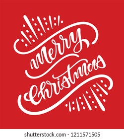 Hand sketched Merry Christmas typography lettering poster. Celebration quote for postcard, icon, logo, badge. Winter celebration vector calligraphy text isolated on red background.