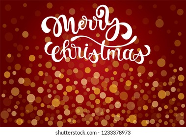 Hand sketched Merry Christmas typography lettering poster. Celebration quote for postcard, icon, logo, badge. Winter celebration vector calligraphy text with golden confetti on red background.