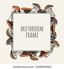 Hand sketched mushrooms design. Autumn forest trendy background. Perfect for recipe, menu, label, icon, packaging. Vintage mushrooms template. 