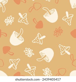 Hand Sketched Mushrooms Vector Seamless Pattern