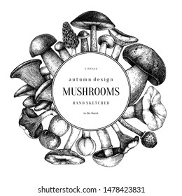 Hand sketched mushrooms wreath design. Autumn forest trendy background. Perfect for recipe, menu, label, icon, packaging. Vintage mushrooms template. Healthy food elements. Botanical illustration