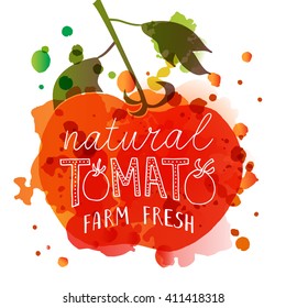 Hand sketched Natural Tomato farm fresh lettering typography. Concept for farmers market, organic food, natural product design, juice, sauce, ketchup. Calligraphy logotype, logo, badge, icon, banner