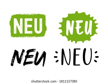 Hand sketched NEU word in German.  Translated NEW. Drawn commercial lettering for flyer, poster, label.