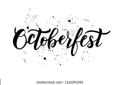 Hand sketched Octoberfest text on textured background. Lettering typography for Octoberfest holidays greeting card, invitation, banner, postcard, web, poster template. Vector illustration.