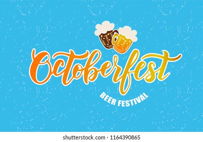 Hand sketched Octoberfest text on textured background. Lettering typography for Octoberfest holidays greeting card, invitation, banner, postcard, web, poster template. Vector illustration.