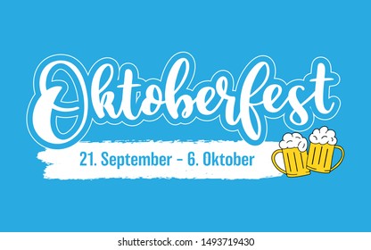 Hand sketched  Oktoberfest 2019 header with a date, with beer mugs, isolated on blue background. Drawn lettering for poster, banner, invitation, flyer. 