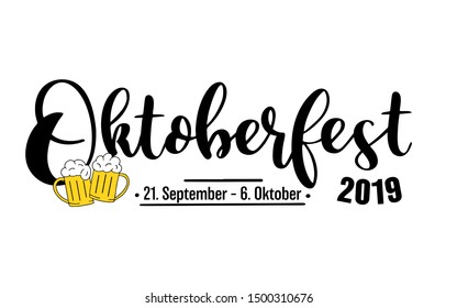 Hand sketched  Oktoberfest 2019 header with a date und beer mugs. Drawn lettering for poster, banner, invitation, flyer. Vector