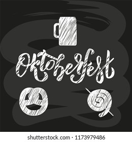 Hand sketched Oktoberfest lettering on black blackboard with picture of beer mug, pretzel, sausagee. Flat scratched Vector illustration. Banner with Pub food set chalk drawn on black shcool board