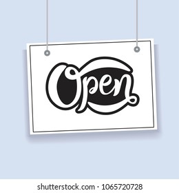 Hand sketched Open text for door, window, restaurant/café logotype, label, icon, store badge, bar poster, banner, tag. Lettering typography. Vector sign.