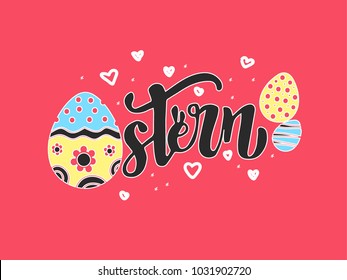 Hand sketched Ostern Easter text as logotype, badge and icon. Hand drawn postcard, card, invitation, poster, banner template. Lettering typography. Seasons Greetings