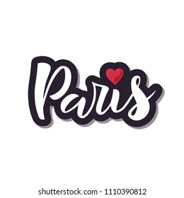 Hand sketched Paris text with heart. Vector illustration. Fashion lettering typography. Great for clothing, logo, badge, icon, card, poster, invitation, banner template. 