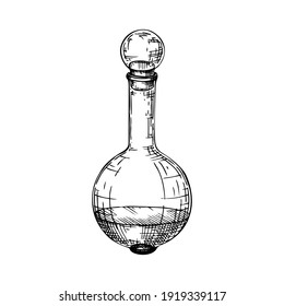 Hand sketched perfume bottle in vintage style. Glassware drawing for alchemy, medicine, cosmetics, or perfumery. Alchemy laboratory equipment sketch. Glass bottle for magic lab isolated on white