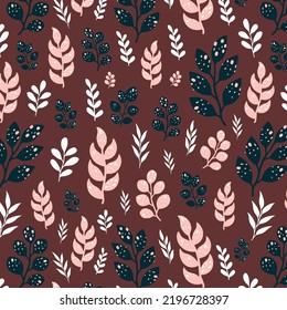 Dibujaron a mano patrones rosa y azul con ramas. Hojas dibujadas a mano, ramas, elemento decorativo pétalo. Para fondo, fondo, tela, papel pintado, textura. Naturaleza, orgánica, bio, ecología.