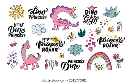 Hand sketched pink dino vector illustration with lettering typography. Pink Dino concept for children t-shirt print. Pink dino logotype, badge, icon. Dinosaur logo, banner, flyer. Vector eps 10