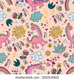 Hand sketched pink dino vector illustration with lettering typography. Concept for children t-shirt print. Pink dino logotype, badge, icon. Dinosaur logo, banner, flyer. eps 10. Vector illustration